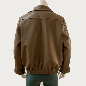 Brown Coated <b>Leather</b> <b>Bomber</b> Jacket <b>Men</b> Front Logo Casual Turn-down Collar Zipper Closure Regular Fit Winter Wear - Product Image 6