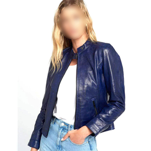 Women's Genuine Leather Moto Jacket Stand Collar Full Sleeve <b>Zipper</b> Closure Blue Solid Color Autumn Wear - Product Image 4