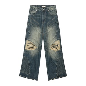 Hot Sale Custom Design Men's <b>Denim</b> Pants Snow Wash Wide Leg Ripped Casual Jeans Quick Dry Loose Fit Cotton Soft - Product Image 1