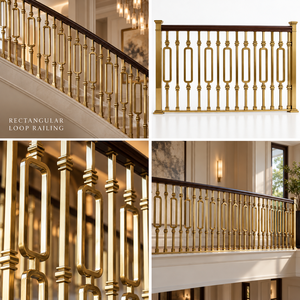 Rampe et balustrade architecturales en or avec motif rectangulaire allongé et embouts étagés en métal - Product Image 5