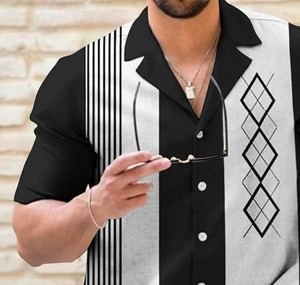 Men's Pattern Short Sleeve Casual Shirt Black White Striped Design Turn-<b>down</b> Collar Summer Breathable Poplin Fabric - Product Image 3