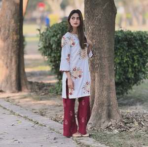 Thread And Sequence Work Georgette <b>Kurti</b> With Embroidery Butta Work Georgette Pant And Pearl Moti Work Dupatta Set - Product Image 2