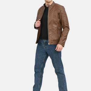 Blouson de motard en cuir d'agneau véritable pour homme, design moderne, col montant, couleur marron clair, fermeture éclair, veste d'hiver pour homme - Product Image 5