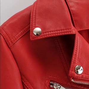 Women's Red PU Leather Moto <b>Jacket</b> Full Sleeve Zipper Stand Collar Autumn Style - Product Image 6
