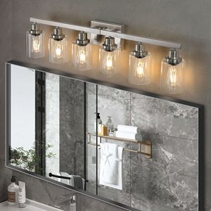 Lampadario Moderno da Bagno da 37 Pollici, 6 Luci, Finitura Nichel Spazzolato con Paralumi in Vetro Trasparente - Product Image 3