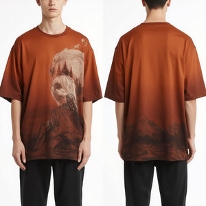 Camiseta de Moda Premium para Hombre, Oversize con Hombros Caídos, Estampado Gráfico de Paisaje al Atardecer y Estilo Urbano Relajado - Product Image 4