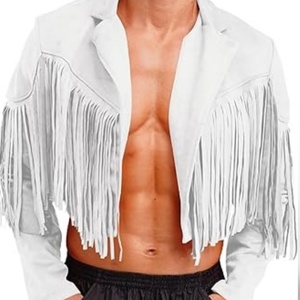 Top Quality <b>White</b> Genuine Leather Fringe <b>Jacket</b> for <b>Men</b> Western Cowboy Open Front Tassel Coat Festival Fashion Outerwear - Product Image 4