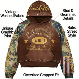 Sudadera con Capucha Extra Grande para Hombre, Estilo Vintage Lavado, Bordado Personalizado con Pedrería, Sudadera de Algodón Grueso, Estilo Urbano con Parches - Product Image 2