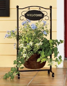 Iron Welcome Sign Plant Stand with Woven Basket Flower Display Powder Coated Eco-Friendly Traditional Style Outdoor Garden Decor - Product Image 1