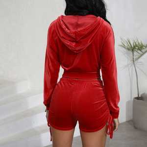 ชุดลำลองกำมะหยี่สองชิ้นสำหรับผู้หญิง เสื้อซิป กางเกงขาสั้น แฟชั่นทรงเข้ารูป พิมพ์ลายลำลอง เป็นมิตรกับสิ่งแวดล้อม - Product Image 4