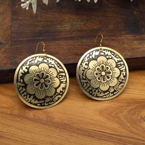 Wholesale Indian Handcrafted Brass Floral Mandala <b>Disc</b> Earrings | Antique <b>Gold</b> Tone Engraved Round Dangle Ethnic Fashion Jewelry - Product Image 1