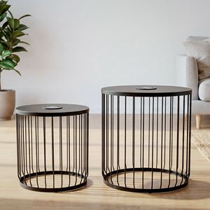 Set di 2 Tavolini Moderni Alimentati a Energia Solare con Luci LED, Tavolini Laterali a Gabbia in Metallo per Uso Esterno - Product Image 5