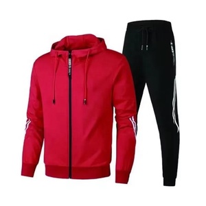 Custom Mens Athletic Two Stripe Red Full <b>Zip</b> <b>Hooded</b> Tracksuit Wholesale 2 Piece Fleece Sweatsuit Jogger Set - Product Image 4