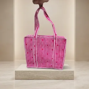 Lady Vintage Bohemian for Striped <b>Canvas</b> <b>Tote</b> Bag with Heart Print Zipper Closure Preppy Style All Seasons Shopping Bag - Product Image 1