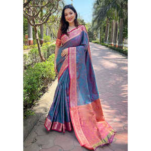 ผ้าซิลค์แคชเมียร์สีน้ำเงินอ่อน ทอแบบซารี แต่งลายปักดิ้นทอง  ชุดอินเดียและปากีสถาน - Product Image 1