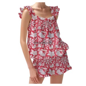 Urban Bohemian Fashion Cotton Co-Ord Shorts Pajama Set For Women Spring/Summer Floral Fitted Strappy Ruffle <b>Trim</b> Sleeves PJ Set - Product Image 6