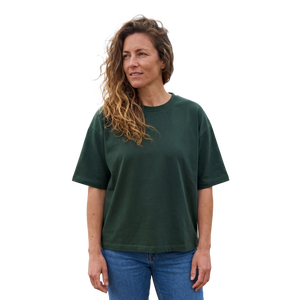 เสื้อยืดแขนสั้นคอกลมผ้าฝ้ายสีเขียวล้วนสำหรับผู้หญิง ทรงหลวมใส่สบายทุกฤดูกาล เสื้อถัก - Product Image 1