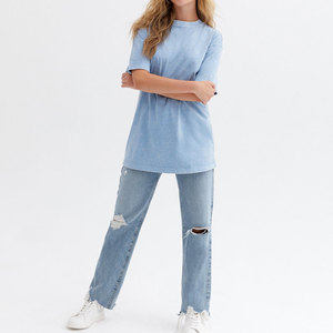 Women's <b>Light</b> Blue Oversized Fit 100% Cotton O-<b>Neck</b> Short Sleeve Acid Wash Streetwear Solid Jersey Knit Breathable T-Shirt - Product Image 4