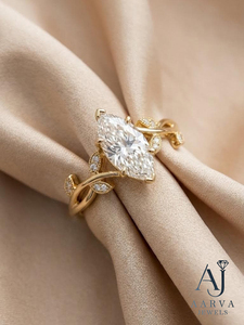 Anillo de Compromiso con Moissanita Corte Marquesa, Banda de Diamantes Cultivados en Laboratorio, Certificado IGI, Ajustable, Plata, Joyería Inspirada en la Naturaleza para Mujer - Product Image 1