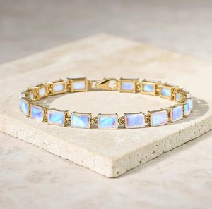 Emerald Cut Moonstone Sterling Silver Gold Plated Handmade Charm <b>Bracelet</b> for Women Elegant Wedding & Anniversary Gift - Product Image 3