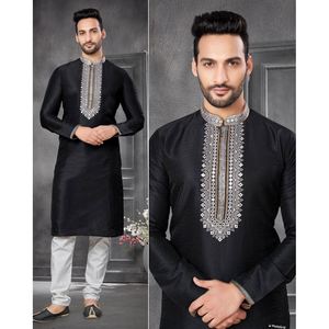 SOIRÉE COTON BRODERIE TRAVAIL HOMME KURTA AVEC PAYJAMA NOIR - Product Image 1