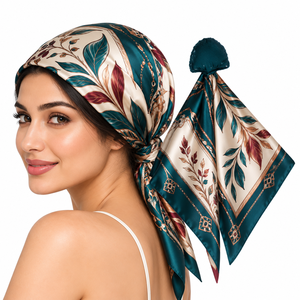 Foulard en soie pour femme, vert et bleu, imprimé floral, carré, accessoire pour cheveux - Product Image 3