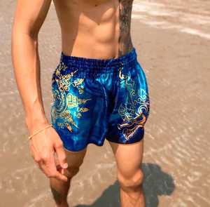 Shorts de Kung Fu en satin bleu pour homme avec imprimé dragon doré, taille élastique, séchage rapide, vêtements d'arts martiaux, coupe régulière, taille adulte - Product Image 1