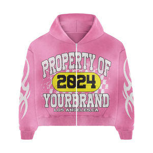 Custom <b>Pink</b> Graphic Zip <b>Hoodie</b> Men's Streetwear Acid Wash Distressed Print Breathable 100% Cotton Regular Fit High Quality - Product Image 1