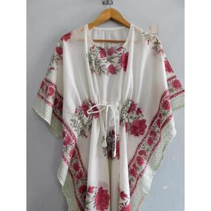 เสื้อคลุมสไตล์โบฮีเมียนทำมือ ผ้าฝ้าย 100% คัฟตันสั้น คอวี ลายพิมพ์บล็อกดอกไม้ เป็นมิตรกับสิ่งแวดล้อม เอวธรรมชาติ คลุมชายหาด ทรงปกติ ใส่ได้ในฤดูร้อน - Product Image 5