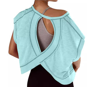 Women's Blue Asymmetric Off Shoulder Hollow Out Knitted T-Shirt Loose Fit Sleeveless O-Neck Spring Summer <b>Top</b> - Product Image 4
