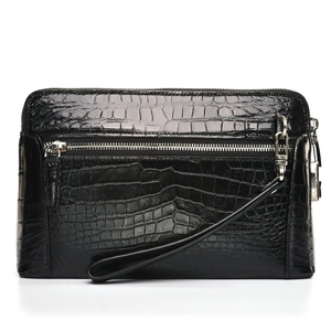 Pochette Homme en Cuir de Vachette Noir Gaufré Croco avec Fermeture Éclair, Dragonne et Logo Personnalisé, Grande Taille, Respirante - Product Image 1