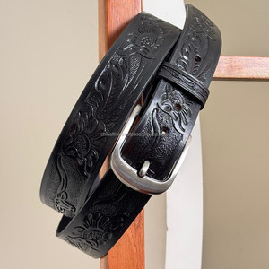 Cinturón de piel auténtica de vaca con relieve floral y de cuernos largos, cinturón ajustable para hombres y mujeres, venta al por mayor - Product Image 4