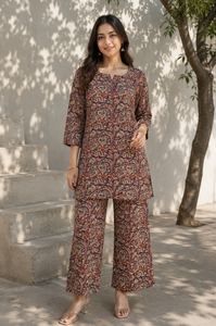 Ensemble Kurta et pantalon en coton imprimé pour femme, motif Paisley marron, col rond, manches trois quarts, coupe droite, tenue ethnique décontractée - Product Image 6