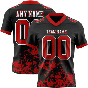 Camiseta de Fútbol Americano Personalizada para Hombre, Negra y Roja, Cuello en V, Manga Corta, Nombre del Equipo y Número Impresos por Sublimación, Absorbe la Humedad - Product Image 1