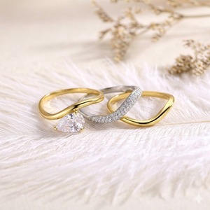 Luxury 14K/18K Solid Gold 925 Silver Three Wavy <b>Stacking</b> <b>Rings</b> 0.75ct Pear Cut Lab Grown Diamond Curved Wedding Band Bridal Set - Product Image 4