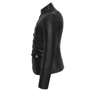 Chaqueta de Cuero Genuino de Cordero para Mujer, Cuello Alto, Cierre de Botones y Cremallera, Estilo Motero, Abrigo de Moda, OEM ODM - Product Image 2