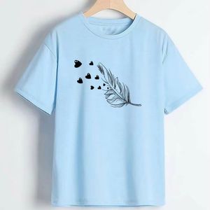 Trendy Women's <b>Black</b> Crew Neck Short Sleeve T-Shirt <b>Feather</b> Heart Print Casual Spring Summer 100% Cotton Breathable Regular Fit - Product Image 6