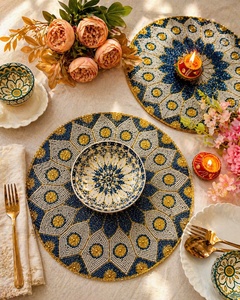 Mantel Individual Redondo de Lujo Hecho a Mano con Cuentas, Mandala Azul y Dorado, Decoración para Mesa de Comedor, Craftera Exports - Product Image 1