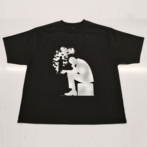 T-shirt en coton 300 GSM épais, tricoté, anti-boulochage, coupe oversize, col rond, délavé à l'acide, style streetwear hip-hop, personnalisable DTG pour homme - Product Image 5