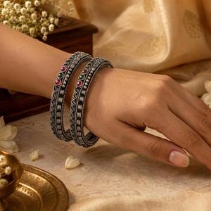 JeweleMarket Oxidised Plated <b>Silver</b> Freshwater <b>Pearl</b> Crystal Rhinestone Ethnic Bangles Set Women Wedding Engagement Party Gift - Product Image 2