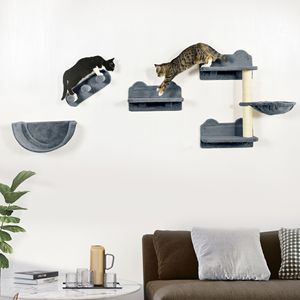 Tiragraffi per Gatti in Legno Massello con Amaca Grigia, Poste per Tirare e Piattaforme - Product Image 2