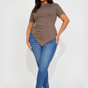 T-shirt en maille de coton pour femme, coupe ajustée, décontracté, confortable, respirant, tricoté, asymétrique, épaule dénudée, logo personnalisé - Product Image 3