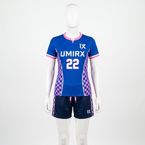 Conjunto de Uniforme de Fútbol Personalizado para Mujer, Camiseta y Pantalones Cortos Ajustados, Diseño a Cuadros Rosa y Azul, Sublimado, para Equipos Femeninos - Product Image 1