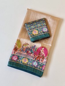 Sari indien traditionnel en soie avec imprimé numérique floral et motif paon pour mariage, longueur au sol, pour femmes - Product Image 1