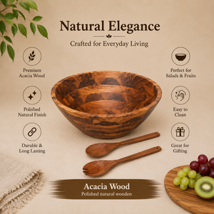 Juego de Ensaladera de Madera de Acacia Premium con Cuchara y Tenedor de Madera, Tazón para Servir Hecho a Mano, Ecológico, para Cocina y Comedor - Product Image 5