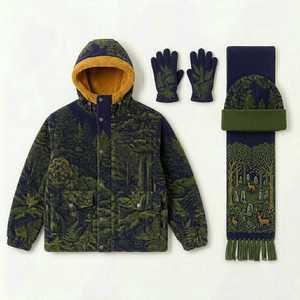 Veste à capuche imprimée forêt rose avec gants, écharpe et bonnet assortis, ensemble coupe-vent en velours, vêtements d'hiver décontractés - Product Image 3