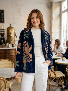 Chaqueta Bordada de Terciopelo de Algodón Azul Marino Hecha a Mano para Mujer, Cierre Frontal Oculto, Forro de Algodón Suave, Ropa Exterior de Moda Boho Vintage - Product Image 5