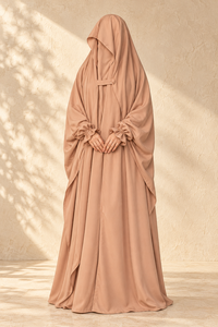 Mishkat Couture Camel Beige <b>Chiffon</b> <b>Maxi</b> Length Neck Long <b>Sleeve</b> Abaya Full Face Veil Ruffle Cuffs for Women Hajj Custom Colors - Product Image 5