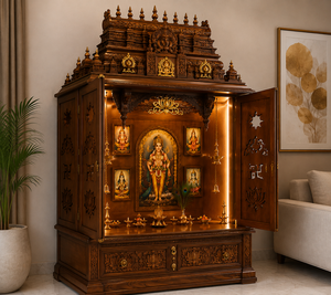 Traditional South Indian Ashta Lakshmi Pooja <b>Mandir</b> Premium Walnut Finish Hand-Carved Wooden Pooja <b>Mandir</b> With Gopurams USA - Product Image 2