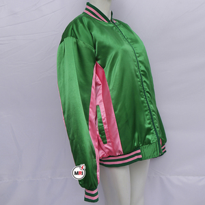 Chaqueta de satén verde y rosa con cuello vuelto, cierre de cremallera, bloques de color en contraste, manga larga, para mujer, ropa de otoño, OEM - Product Image 3